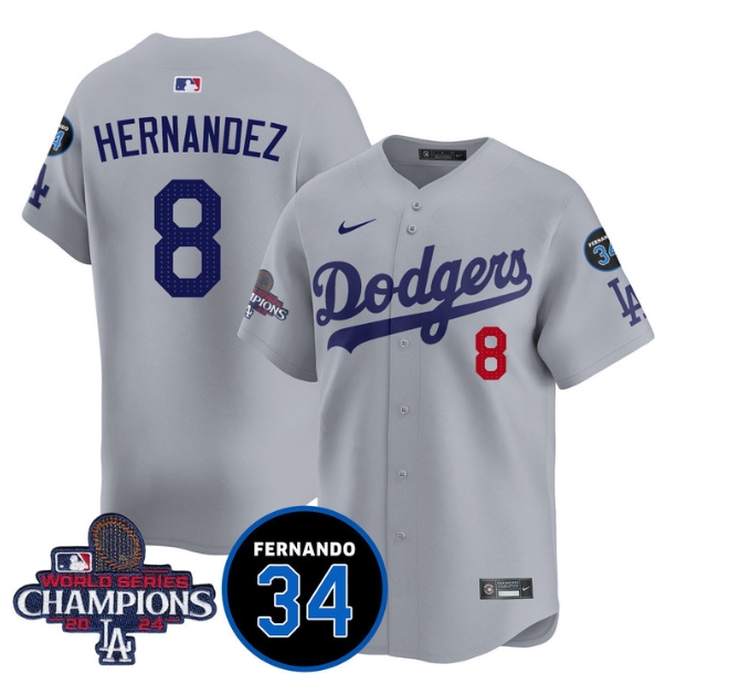 Men's LA Dodgers - World Series Champions 2024Fernando Valenzuela Memorial Jersey - All Stitched N1 GRAY 8 ENRIQUE HERNANDEZ