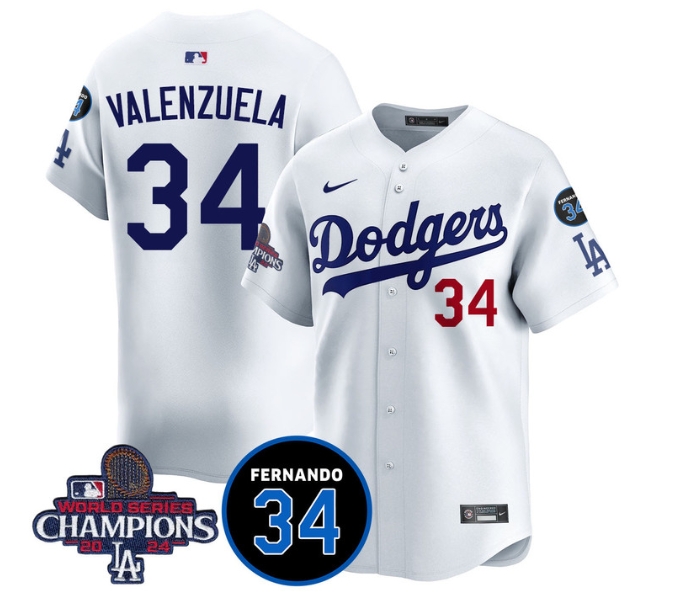 Men's LA Dodgers - World Series Champions 2024Fernando Valenzuela Memorial Jersey - All Stitched N1 WHITE 34 FERNANDO VALENZUELA