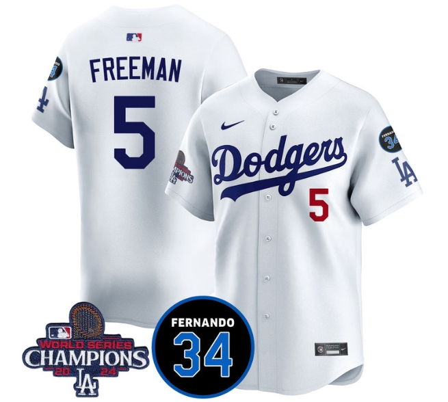 Men's LA Dodgers - World Series Champions 2024Fernando Valenzuela Memorial Jersey - All Stitched N1 WHITE 5 FREDDIE FREEMAN