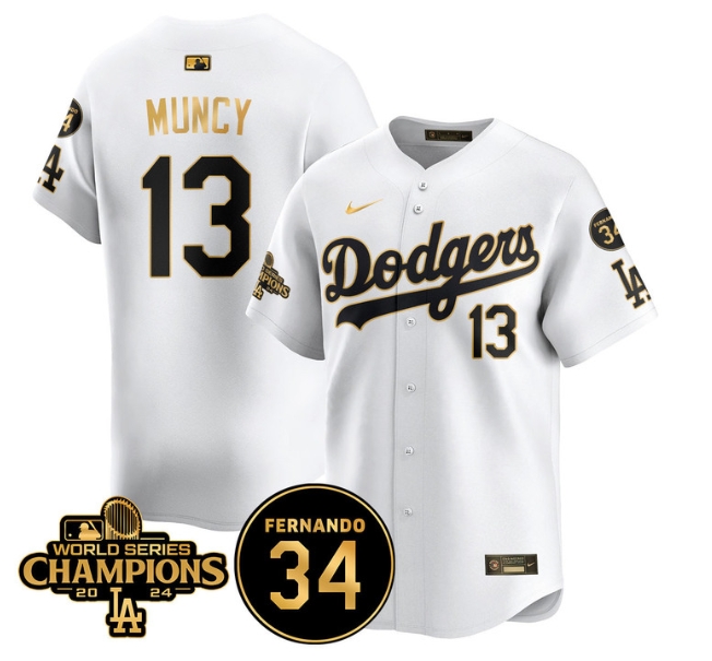 Men's LA Dodgers - World Series Champions 2024Fernando Valenzuela Memorial Jersey - All Stitched N1 WHITE GOLD 13 MAX MUNCY