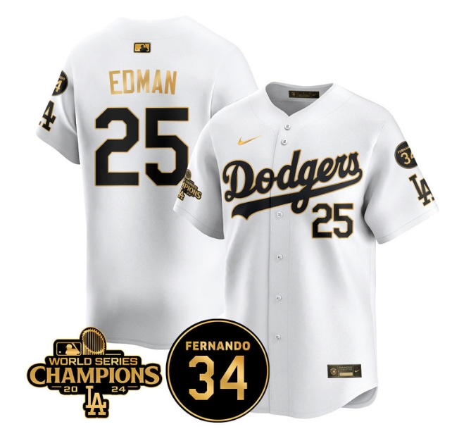Men's LA Dodgers - World Series Champions 2024Fernando Valenzuela Memorial Jersey - All Stitched N1 WHITE GOLD 25 TOMMY EDMAN