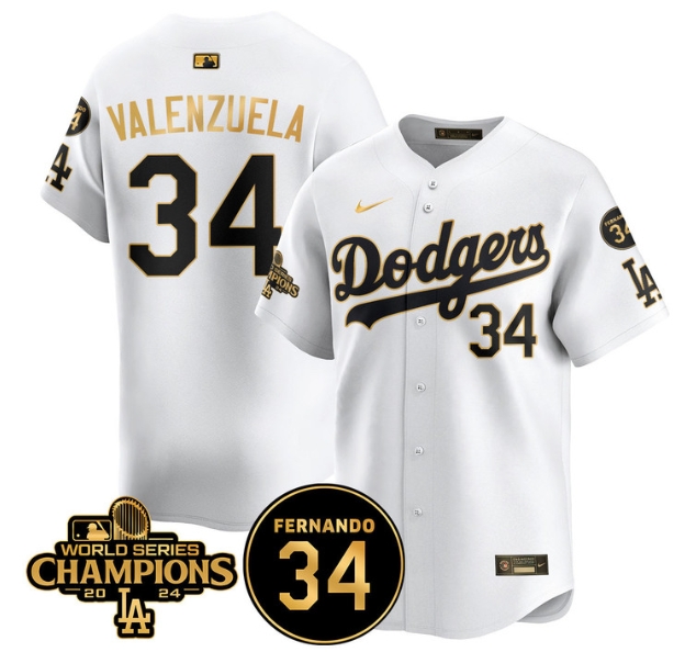 Men's LA Dodgers - World Series Champions 2024Fernando Valenzuela Memorial Jersey - All Stitched N1 WHITE GOLD 34 FERNANDO VALENZUELA