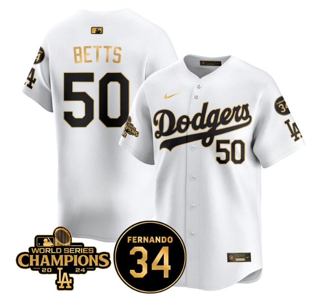 Men's LA Dodgers - World Series Champions 2024Fernando Valenzuela Memorial Jersey - All Stitched N1 WHITE GOLD 50 MOOKIE BETTS