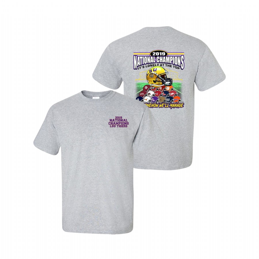 Men's LSU Tigers College Football Playoff Helmet Stack 2019 National Champions Gray T-Shirt