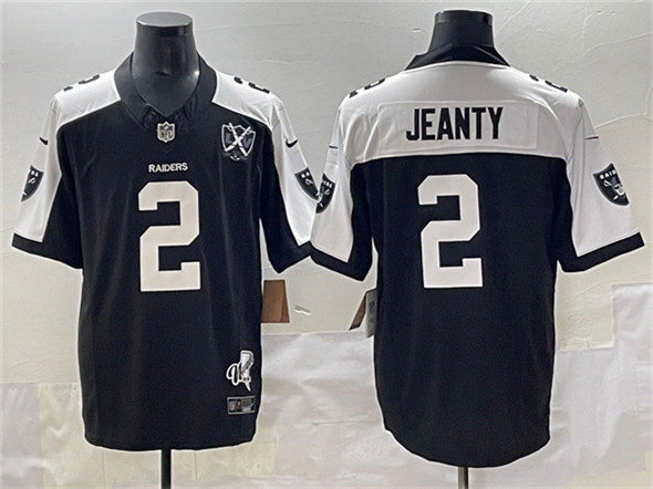 Men's Las Vegas Raiders #2 Ashton Jeanty Black White 2025 Draft F.U.S.E. With Nevada Silver Stat Patch And 65th Anniversary Patch Football Stitched Jersey
