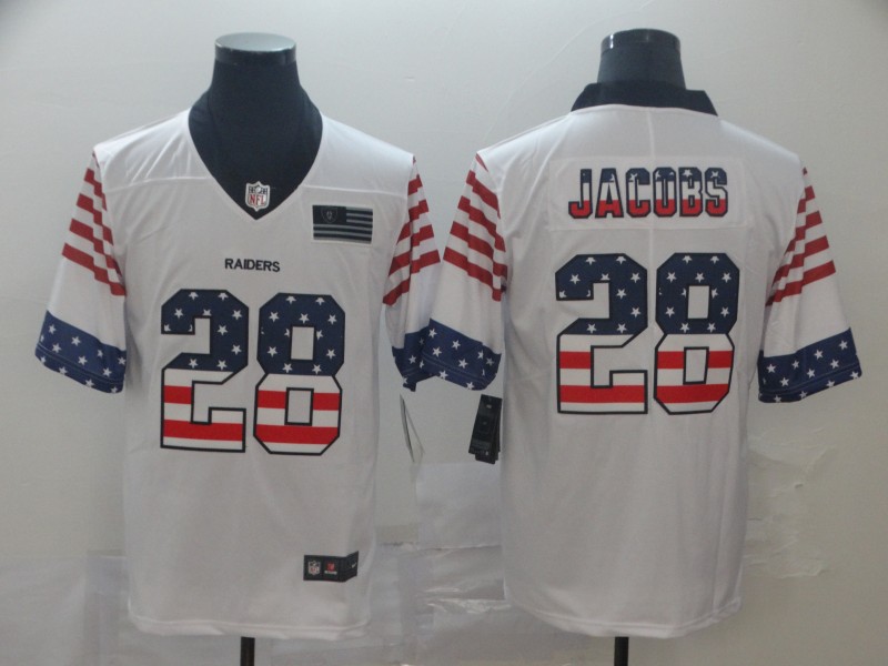 Men's Las Vegas Raiders #28 Josh Jacobs White Nike USA Flag Retro Football Jersey