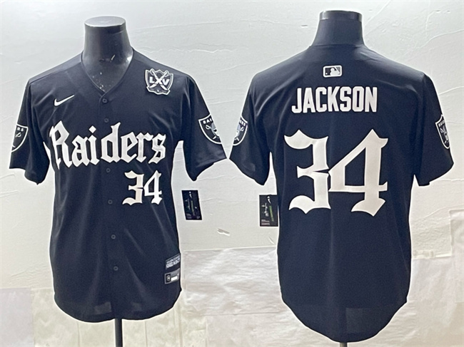 Men's Las Vegas Raiders #34 Bo Jackson Black 'Gothic Sin City Shadows Edition' With 65th Anniversary Patch Vapor Limited Stitched Baseball Jersey