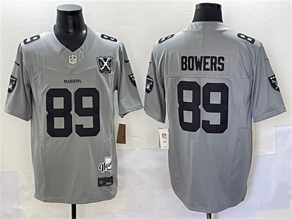Men's Las Vegas Raiders #89 Brock Bowers Gray 2024 F.U.S.E With Nevada Silver Stat Patch And 65th Anniversary Patch Stitched Football Jersey
