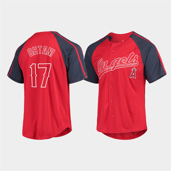 Men's Los Angeles Angels #17 Shohei Ohtani Stitches Red Navy Raglan Jersey