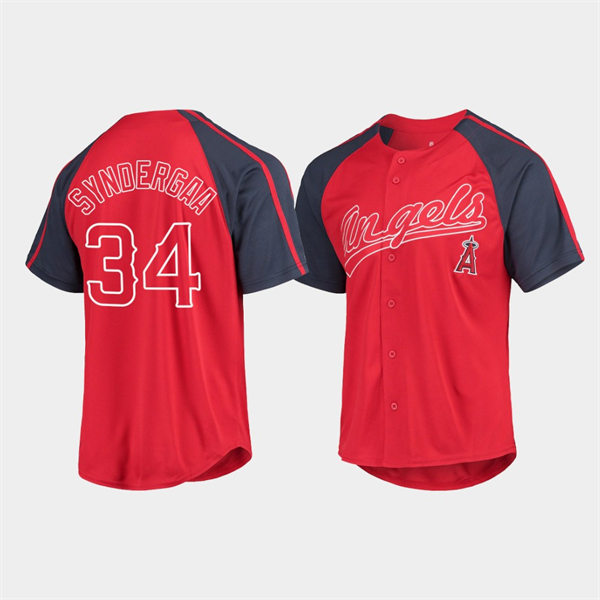 Men's Los Angeles Angels #34 Noah Syndergaard Stitches Red Navy Raglan Jersey