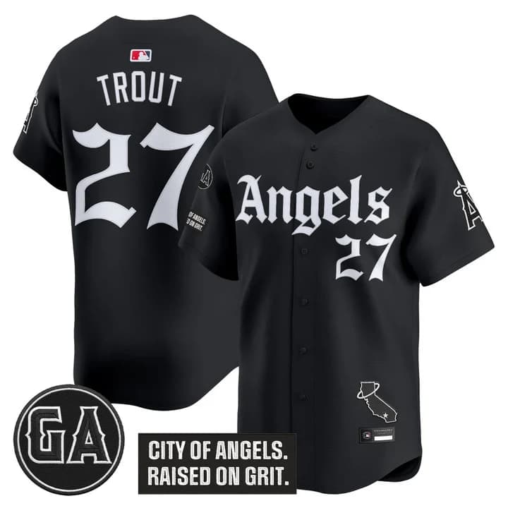Men's Los Angeles Angels 'Garret Anderson Tribute Patch' Vapor Premier Limited Jersey - Gothic Edition - All Stitched  Mike Trout 27