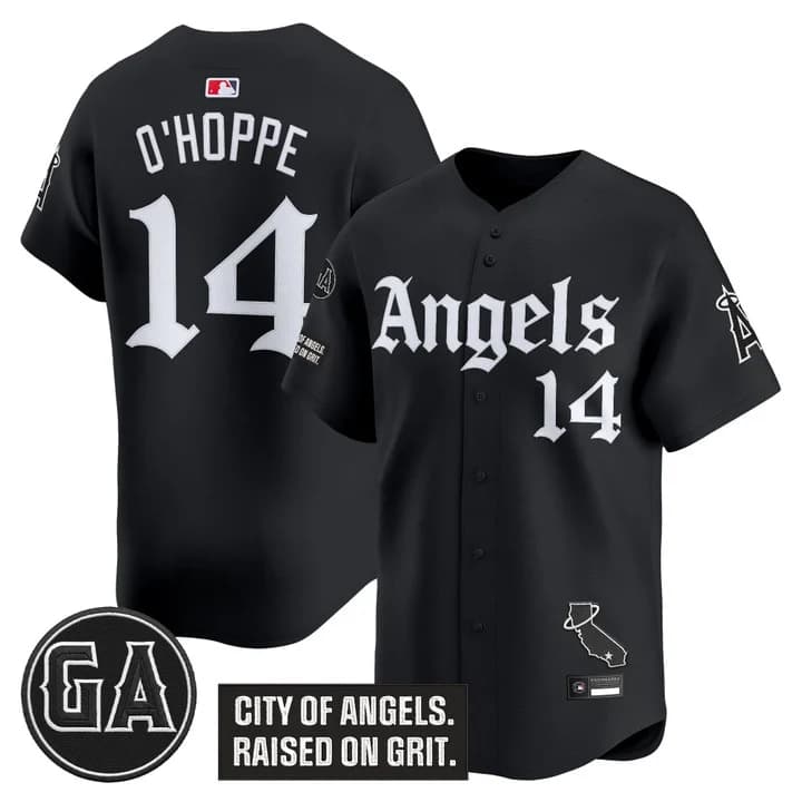 Men's Los Angeles Angels 'Garret Anderson Tribute Patch' Vapor Premier Limited Jersey - Gothic Edition - All Stitched 14 Logan O'Hoppe