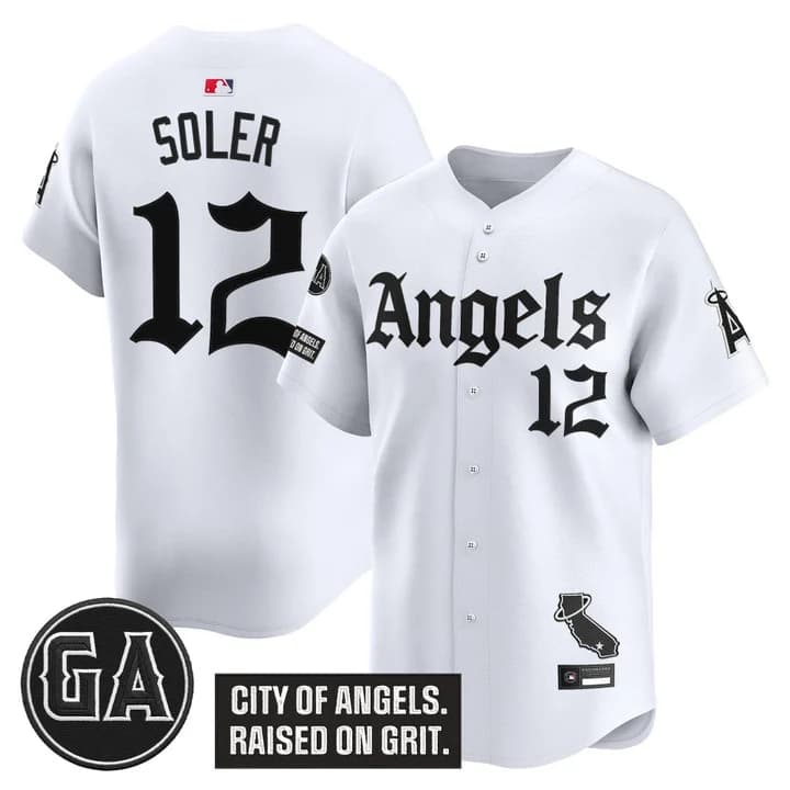 Men's Los Angeles Angels 'Garret Anderson Tribute Patch' Vapor Premier Limited Jersey - Gothic Edition - All Stitched Jorge Soler12