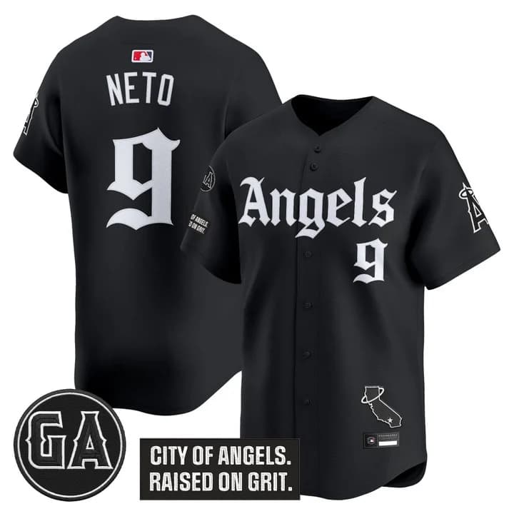 Men's Los Angeles Angels 'Garret Anderson Tribute Patch' Vapor Premier Limited Jersey - Gothic Edition - All Stitched Zach Neto  9