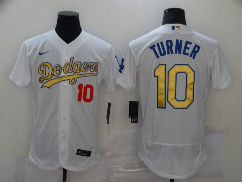 Men's Los Angeles Dodgers #10 Justin Turner Nike 2020 MLB World Series Champions White Gold Flex base Baseball Jersey