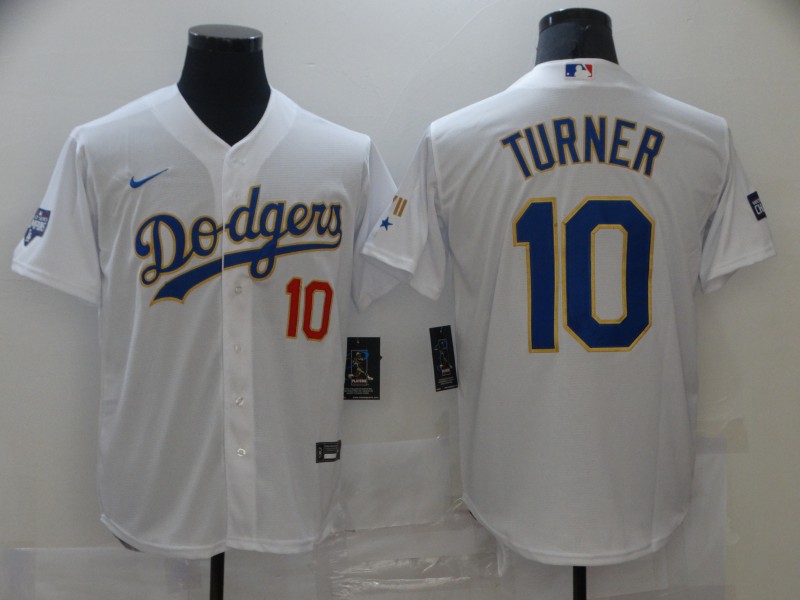 Men's Los Angeles Dodgers #10 Justin Turner Nike White Gold 2021 Gold Program Player Jersey