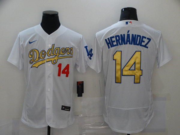 Men's Los Angeles Dodgers #14 Kike? Herna?ndez 2021 White Gold Sttiched Jersey
