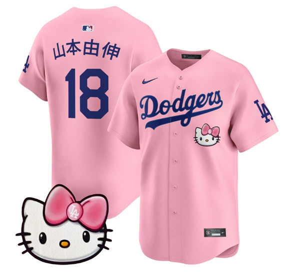 Men's Los Angeles Dodgers #18 ?±±?????±??? Pink 2025 Hello Kitty Vapor Limited Stitched Baseball Jersey