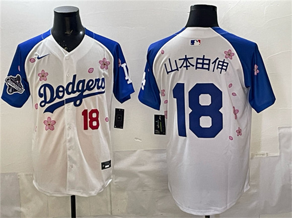 Men's Los Angeles Dodgers #18 ?±±?????±??? White Royal 2025 World Series Champions Patch Tokyo Series Limited Stitched Baseball Jersey