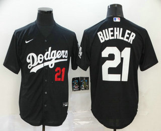 Men's Los Angeles Dodgers #21 Walker Buehler Black Stitched MLB Cool Base Nike Jersey的副本