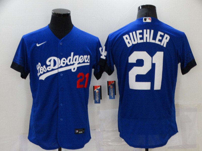 Men's Los Angeles Dodgers #21 Walker Buehler Blue 2021 City Connect Flex Base Stitched Jersey的副本