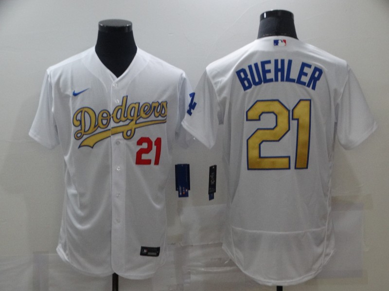 Men's Los Angeles Dodgers #21 Walker Buehler Nike 2020 MLB World Series Champions White Gold Flex base Baseball Jersey