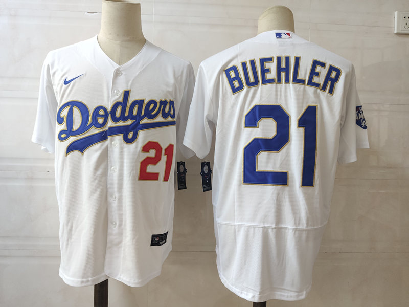 Men's Los Angeles Dodgers #21 Walker Buehler Nike WhiteGold 2021 Gold Program Player Jersey