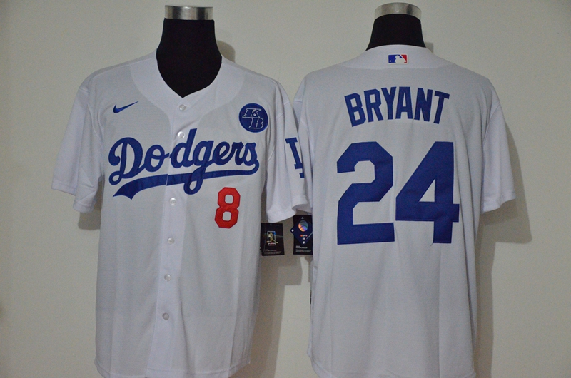 Men's Los Angeles Dodgers #24 Kobe Bryant White KB Patch Stitched MLB Cool Base Nike Jersey With front Number 