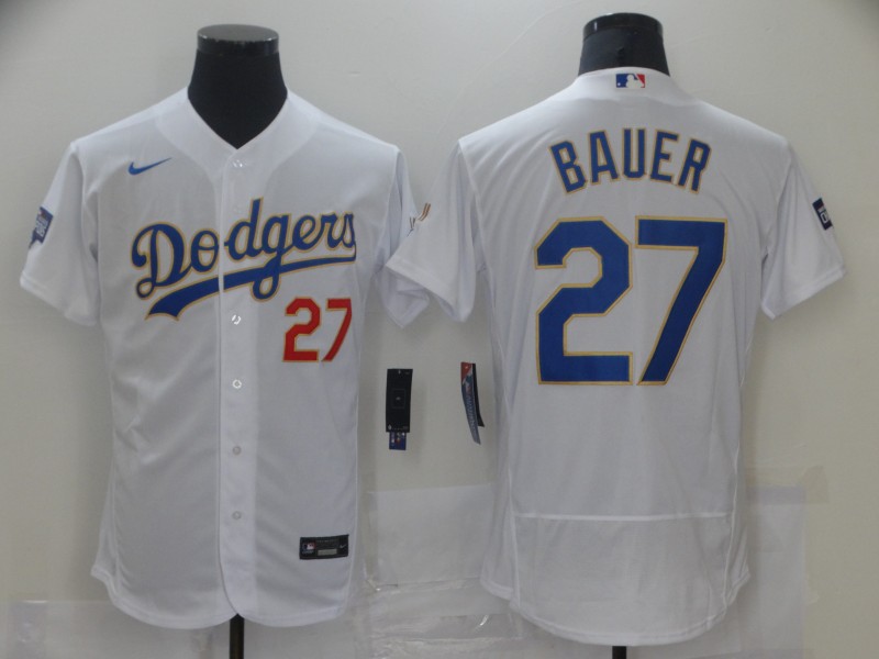 Men's Los Angeles Dodgers #27 Trevor Bauer Nike WhiteGold 2021 Gold Program Player Jersey