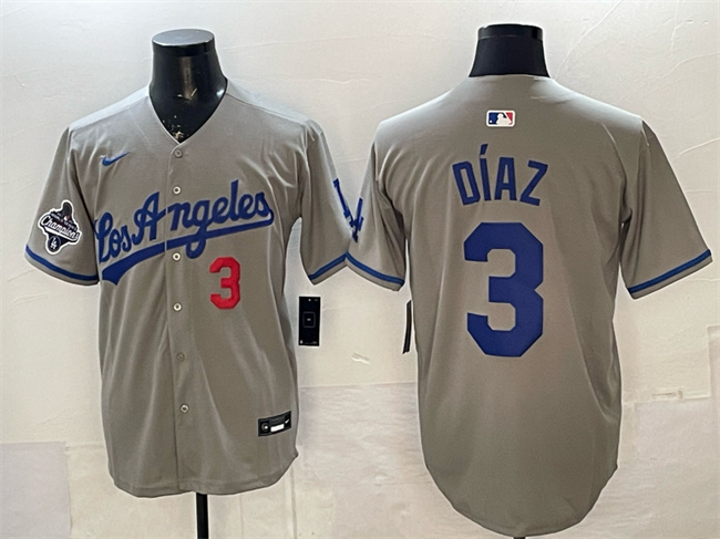 Men's Los Angeles Dodgers #3 Edwin D?-az Grey With 2025 World Series Champions Patch Limited Stitched Baseball Jersey