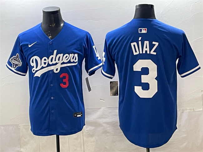 Men's Los Angeles Dodgers #3 Edwin D?-az Royal With 2025 World Series Champions Patch Limited Stitched Baseball Jersey