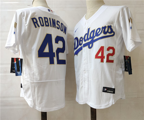 Men's Los Angeles Dodgers #42 Jackie Robinson Nike WhiteGold 2021 Gold Program Player Jersey