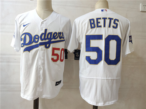 Men's Los Angeles Dodgers #50 Mookie Betts Nike WhiteGold 2021 Gold Program Player Jersey