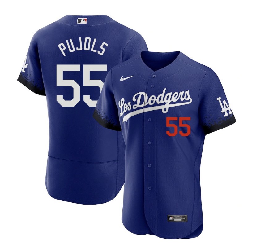 Men's Los Angeles Dodgers #55 Albert Pujols Blue 2021 City Connect Flex Base Stitched Jersey的副本