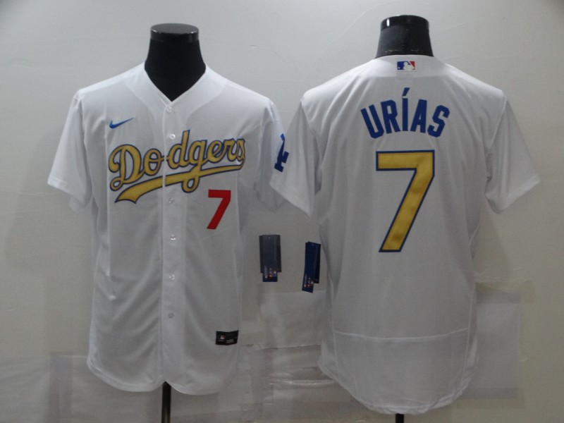 Men's Los Angeles Dodgers #7 Julio Urias Nike 2020 MLB World Series Champions White Gold Flex base Baseball Jersey