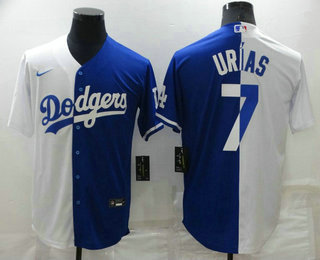 Men's Los Angeles Dodgers #7 Julio Urias White Blue Split Cool Base Stitched Baseball Jersey的副本