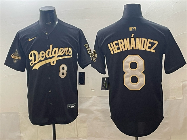 Men's Los Angeles Dodgers #8 Enrique Hern??ndez Black Gold 2025 World Series Champions Patch Limited Stitched Baseball Jersey