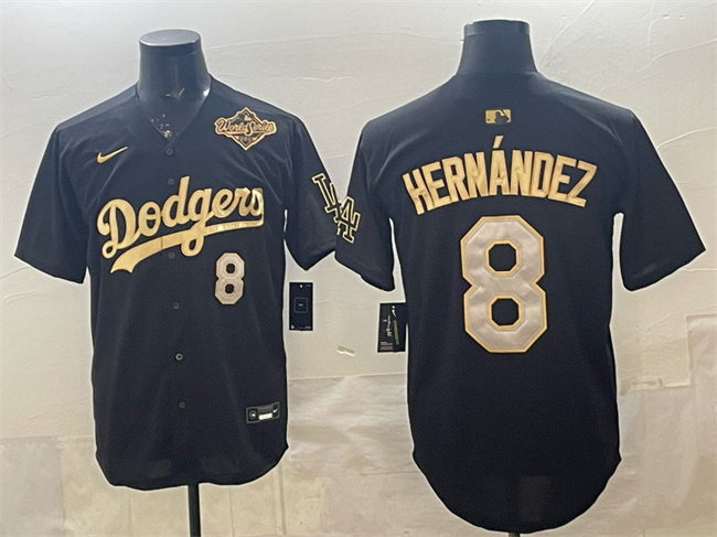 Men's Los Angeles Dodgers #8 Enrique Hern??ndez Black Gold 2025 World Series Patch Limited Stitched Baseball Jersey