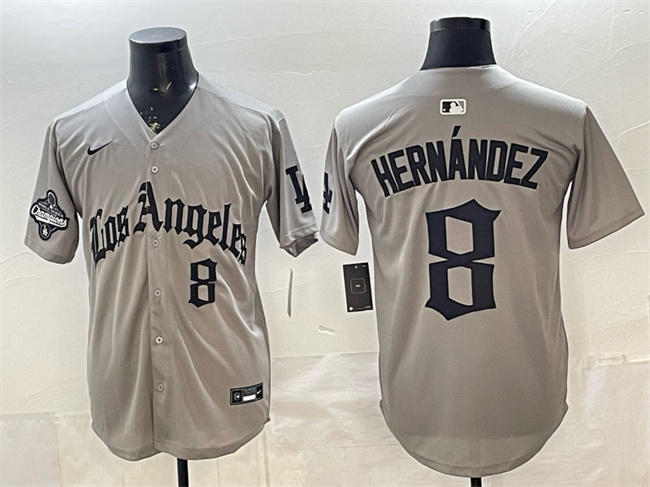 Men's Los Angeles Dodgers #8 Enrique Hern??ndez Grey LA Gothic Style With 2025 World Series Champions Patch Limited Stitched Baseball Jersey