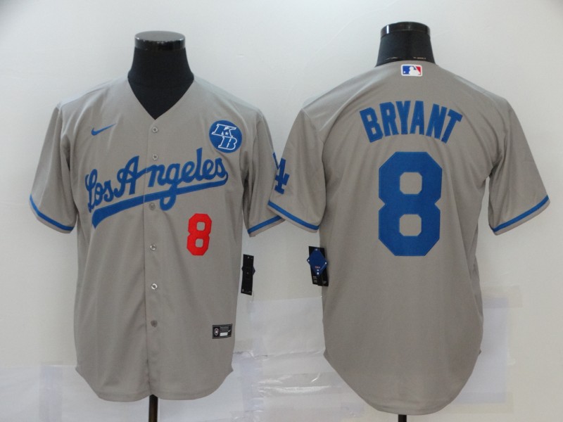 Men's Los Angeles Dodgers #8 Kobe Bryant Grey KB Patch Stitched MLB Cool Base Nike Jersey的副本
