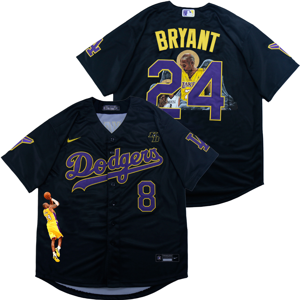 Men's Los Angeles Dodgers Front #8 Back #24 Kobe Bryant Black With KB Patch Cool Base Stitched MLB Fashion Jersey的副本