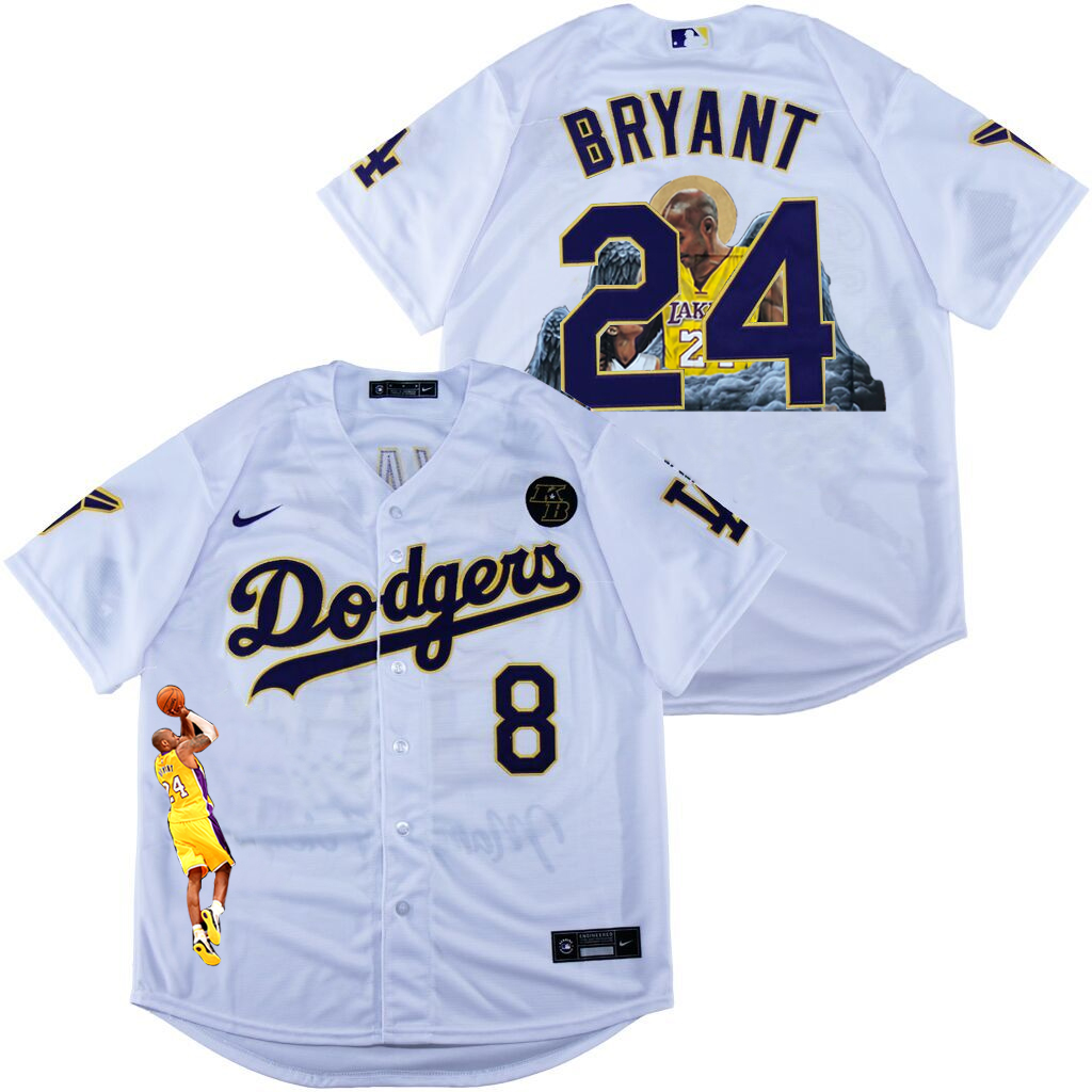 Men's Los Angeles Dodgers Front #8 Back #24 Kobe Bryant White With KB Patch Cool Base Stitched MLB Fashion Jersey的副本