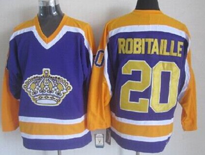 Men's Los Angeles Kings #20 Luc Robitaille Purple With Yellow Throwback CCM Jersey Stitched