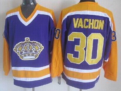 Men's Los Angeles Kings #30 Rogie Vachon Purple With Yellow Throwback CCM Jersey Stitched