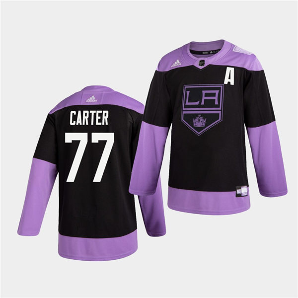 Men's Los Angeles Kings #77 Jeff Carter Black Purple Adidas Hockey Fights Cancer Practice Jersey Stitched