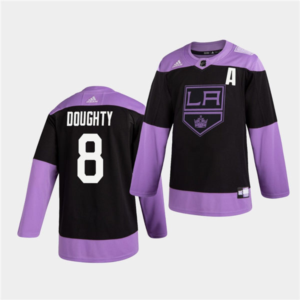 Men's Los Angeles Kings #8 Drew Doughty Black Purple Adidas Hockey Fights Cancer Practice Jersey Stitched