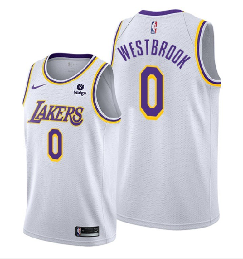 Men's Los Angeles Lakers #0 Russell Westbrook Bibigo White Stitched Basketball Jersey
