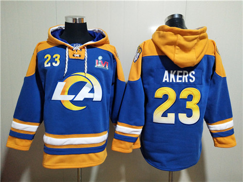 Men's Los Angeles Rams #23 Cam Akers 2022 Royal Super Bowl LVI Champions Pullover Hoodie