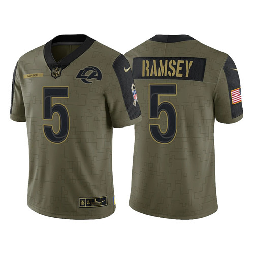 Men's Los Angeles Rams #5 Jalen Ramsey 2021 Olive Salute To Service Limited Stitched Jersey