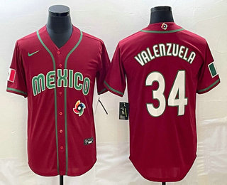 Men's Mexico Baseball #34 Fernando Valenzuela 2023 Red Blue World Baseball Classic Stitched Jersey的副本